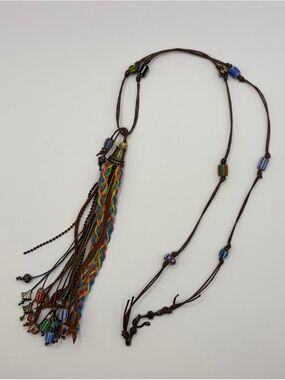 Multicolor Braided Tassel Pendant Necklace with Brown Cord